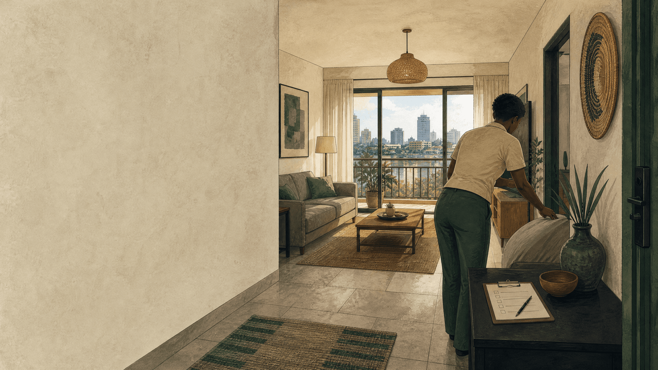 Editorial illustration of a Kinshasa home being prepared with care for an arrival.